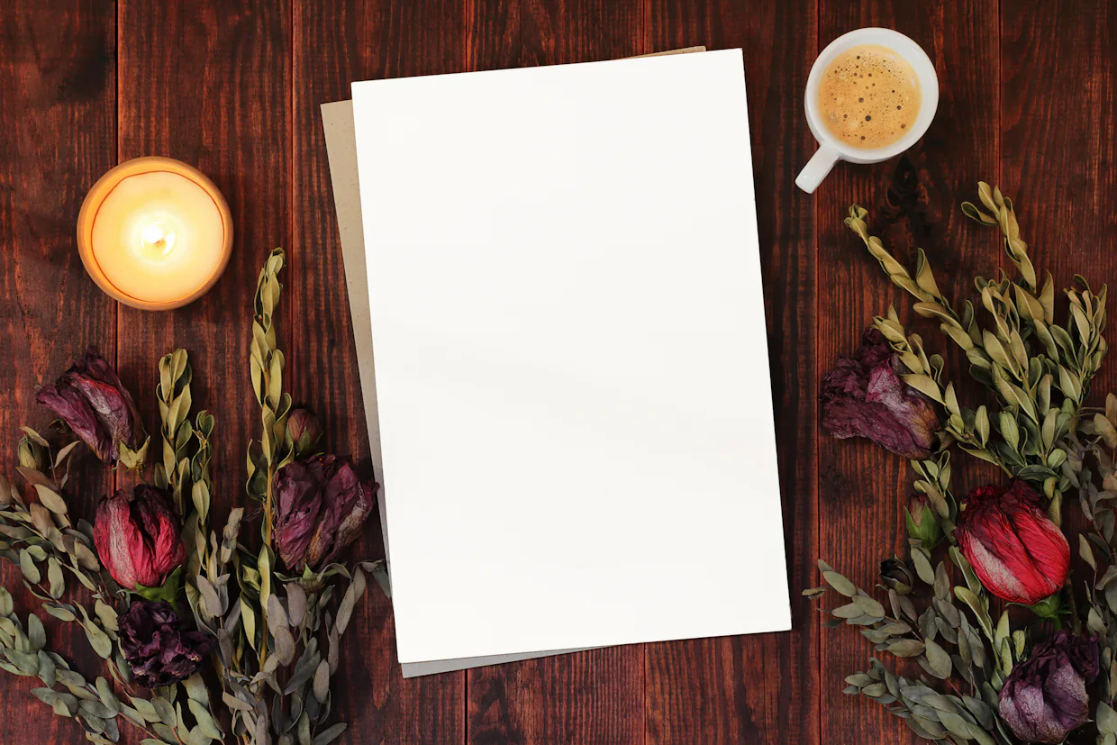 A blank sheet of paper on a table beside a cup of coffee and flowers.