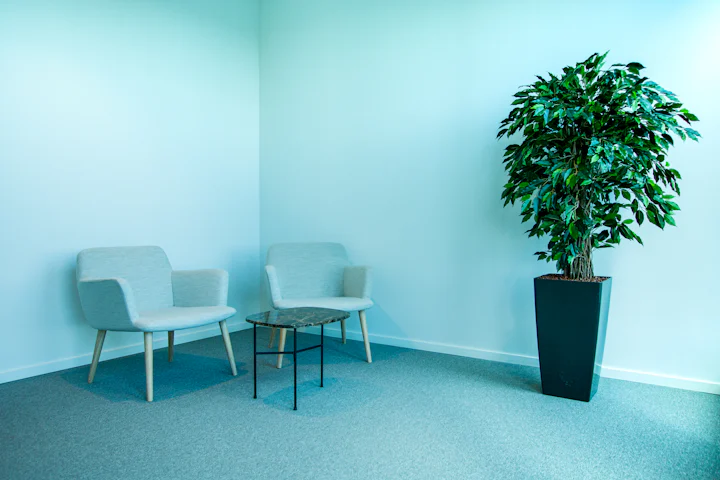 Deux fauteuils et une petite table basse dans le coin d'une salle d'attente vide, à côté d'une plante en pot.