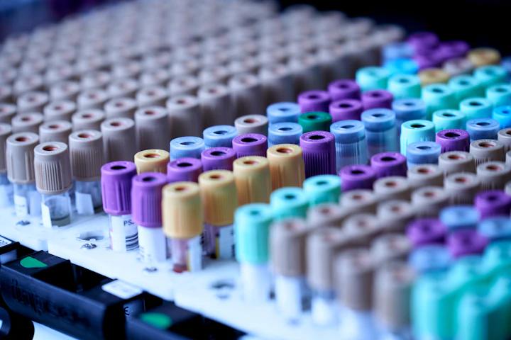 Des rangées de tubes d'échantillon à bouchons de couleur dans un support de laboratoire.